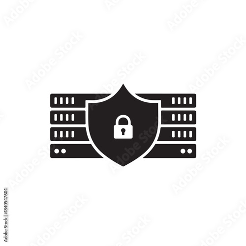 Server Security Shield with Lock Icon in Minimalist Black and White Design for Cybersecurity