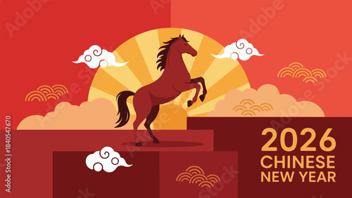 2026 Chinese New Year Horse Celebration Banner with Red Clouds and Sunrise
