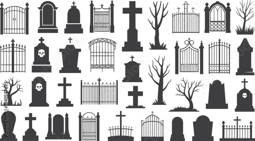 Black raven illustration and gothic graveyard silhouette set, spooky Halloween vector design with tombstones, crosses, iron gates, and eerie tree elements