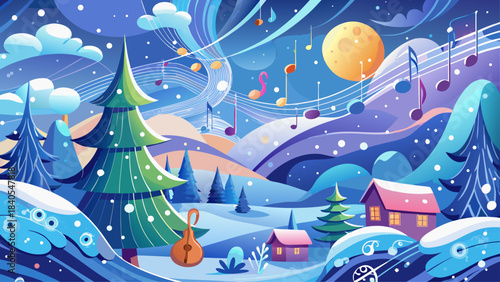Very beautiful whimsical winter scene with floating musical notes drifting through gentle snowfall, creating a dreamy festive atmosphere filled with light, rhythm, and seasonal charm.