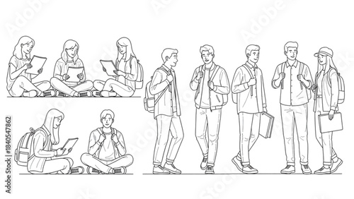 Community of people illustrated in a striking auto cad drawing line art style.