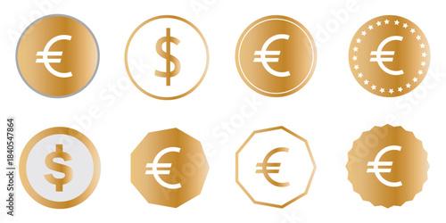 dollar and euro currency icon set, vector symbols representing money, finance, wallet, payment, and banking concepts for digital applications, web design, and financial business