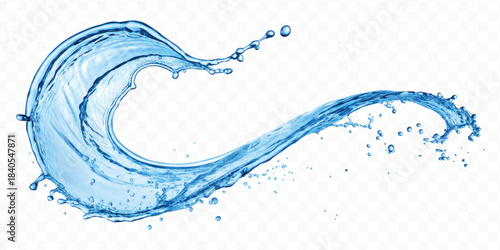 dynamic smooth liquid water splash with drops in mid air cut out and curve style isolated on white background 