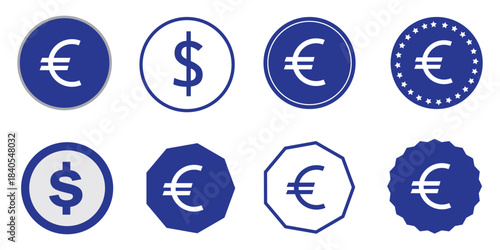 dollar and euro currency icon set, vector symbols representing money, finance, wallet, payment, and banking concepts for digital applications, web design, and financial business