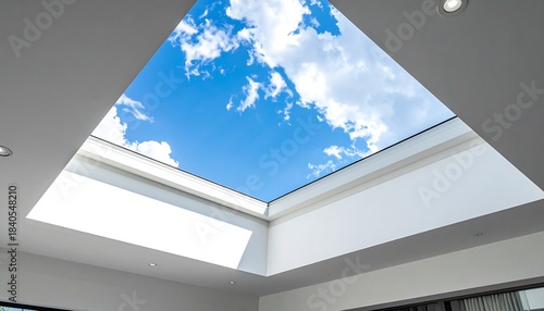 Elegant white skylight on modern house ceiling with blue sky view