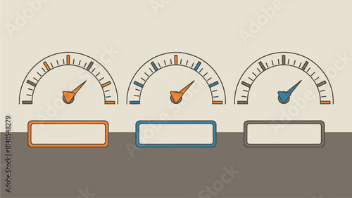 Trio of Gauges and Indicators: Three gauges showcase fluctuating readings, conveying data and measurement concepts. The design emphasizes progress and real-time information.