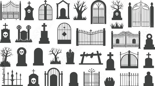 Black raven illustration and gothic graveyard silhouette set, spooky Halloween vector design with tombstones, crosses, iron gates, and eerie tree elements