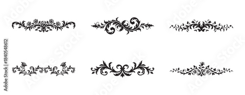Six elegant black floral scroll ornamental dividers and borders