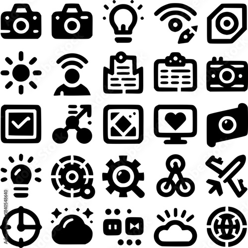 Diverse Icon Collection: A meticulously curated collection of various icons. Designed with a clean, contemporary aesthetic, perfect for digital interfaces and presentations.