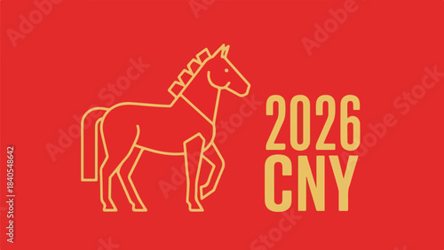 Vibrant red and gold minimalist illustration celebrating 2026 Lunar New Year, featuring an elegant horse line art design, symbolizing good fortune and prosperity for the festive season