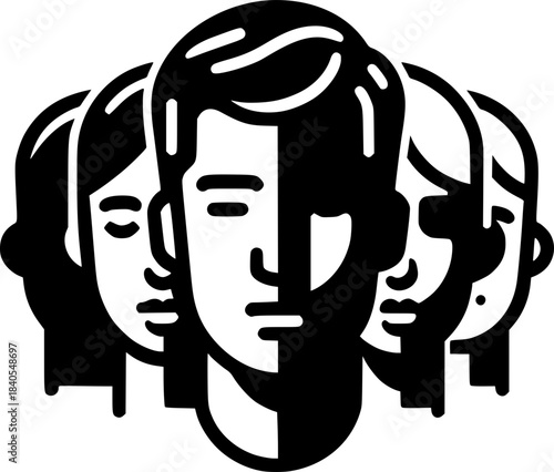 Community of Minds: A strong depiction of unity and solidarity among a group of people, with each face symbolizing unique perspectives coming together.