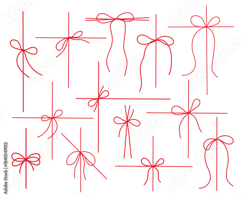 Set of gift tied with cotton red rope, bow and ribbons. Packing bakers twine for decoration, present, pastry boxes for New Year, Christmas. Hand drawn detailed flat illustration on white background.
