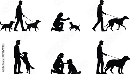 Large collection of diverse pet owners and dogs silhouettes, featuring people walking, playing, training, and standing with various dog breeds and sizes, black flat vector illustration, cad drawing