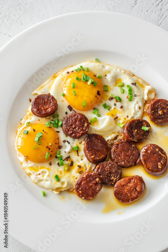 Hearty fried eggs served with caramelized chorizo slices and fresh scallion garnish