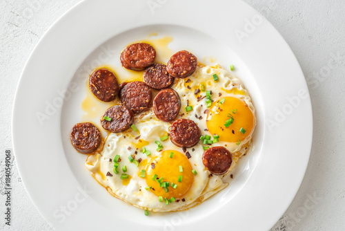 Hearty fried eggs served with caramelized chorizo slices and fresh scallion garnish