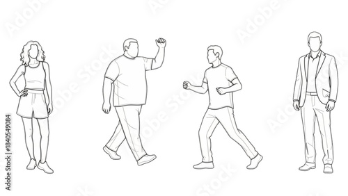 Diverse people in various poses as a vector auto cad drawing for design projects