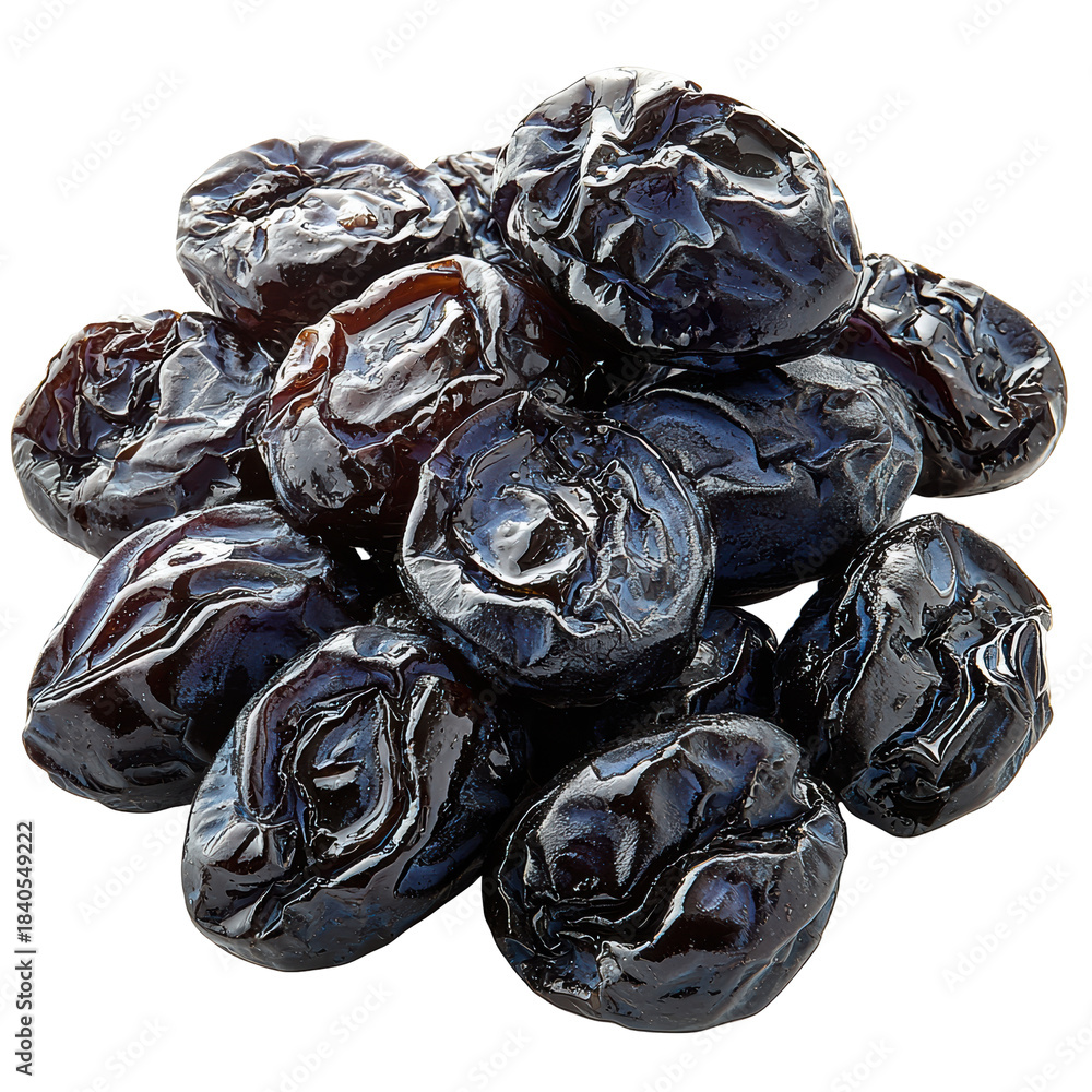 Obraz premium Pile Of Shiny Black Prunes. Dried Fruit For Healthy Snacking And Digestive Health Isolated On Transparent Background