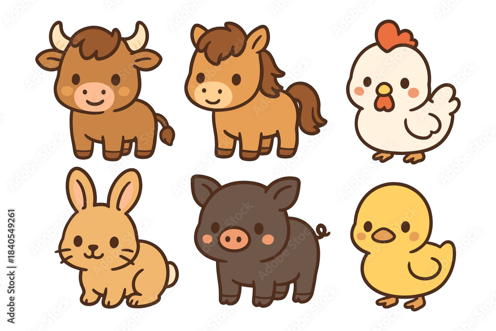 Fototapeta premium Cute farm animals clip art collection in cartoon style