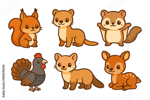 Cute cartoon style forest and farm animals: squirrel, ferret, chipmunk, chicken, meerkat, fawn