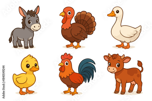 Cute farm animals in cartoon style with donkey, turkey, duck, goose, rooster, and calf