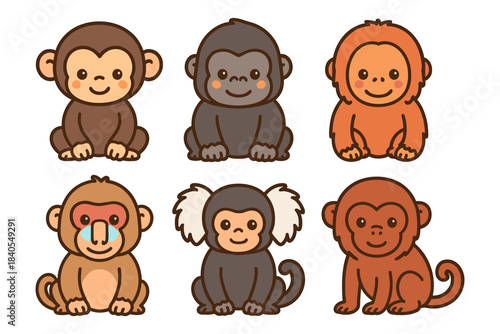 Cute cartoon monkeys in simple style featuring diverse baby primates