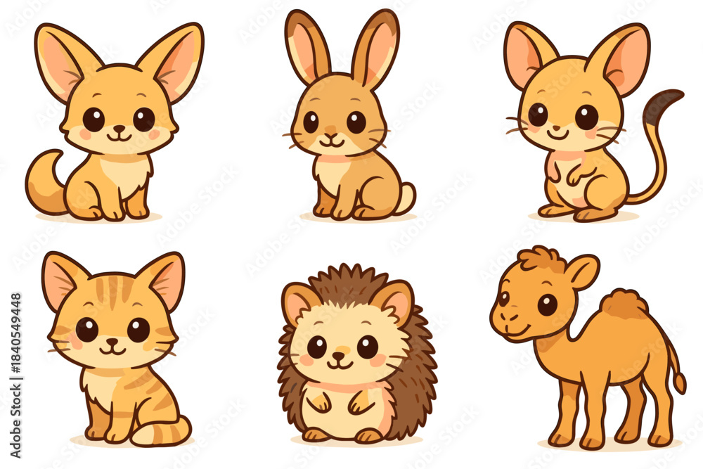 Fototapeta premium Cute cartoon animals collection with fox, rabbit, mouse, cat, hedgehog, and camel