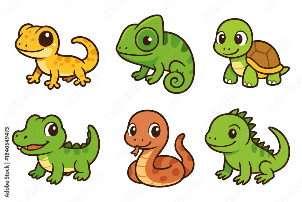 Fototapeta premium Cute cartoon reptiles: gecko, chameleon, turtle, alligator, snake, dinosaur