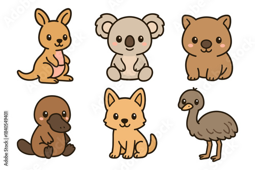 Adorable kawaii australian animal set with koala, kangaroo, and more