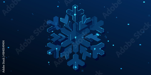 Abstract blue snowflake design with scattered sparkling dots against a dark background
