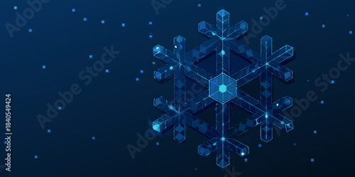Isometric blue polygonal snowflake design with scattered sparkling points