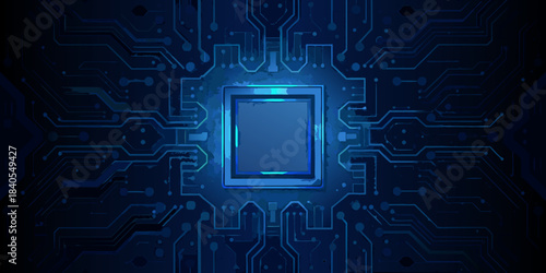 Abstract blue circuit board background with a central processor component