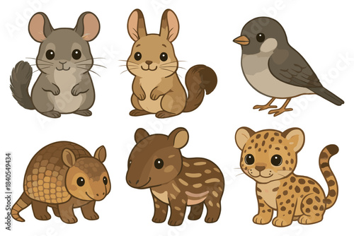 Cute cartoon animals: chinchilla, hamster, bird, armadillo, tapir, and leopard for children's design