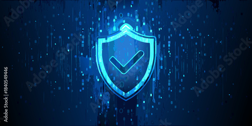 Digital shield with a checkmark symbolizes secure data and network protection