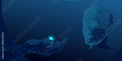 A glowing object is held in a hand against a dark blue background