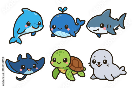 Cute marine animal cartoon collection featuring dolphin, whale, shark, turtle, and seal