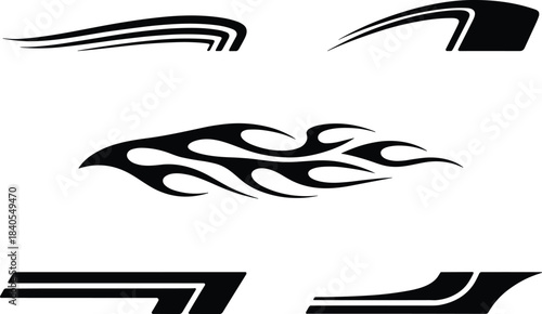 Black tribal flame decals and abstract stripe graphic elements, modern vehicle vinyl sticker designs, car body detailing shapes, custom automotive artwork