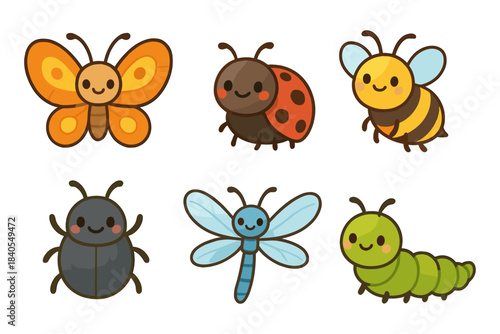 Cute cartoon insects collection featuring butterfly, ladybug, bee, beetle, dragonfly, and caterpillar