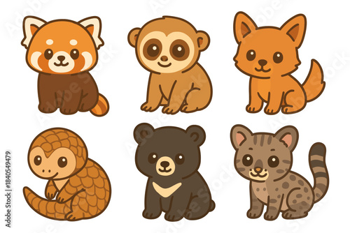 Cute cartoon animals collection: red panda, monkey, fox, pangolin, bear, ocelot