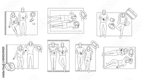 Overhead auto cad drawing of diverse people relaxing outdoors in various groups