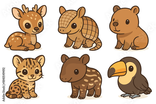Cute baby animals in cartoon style featuring forest and jungle species