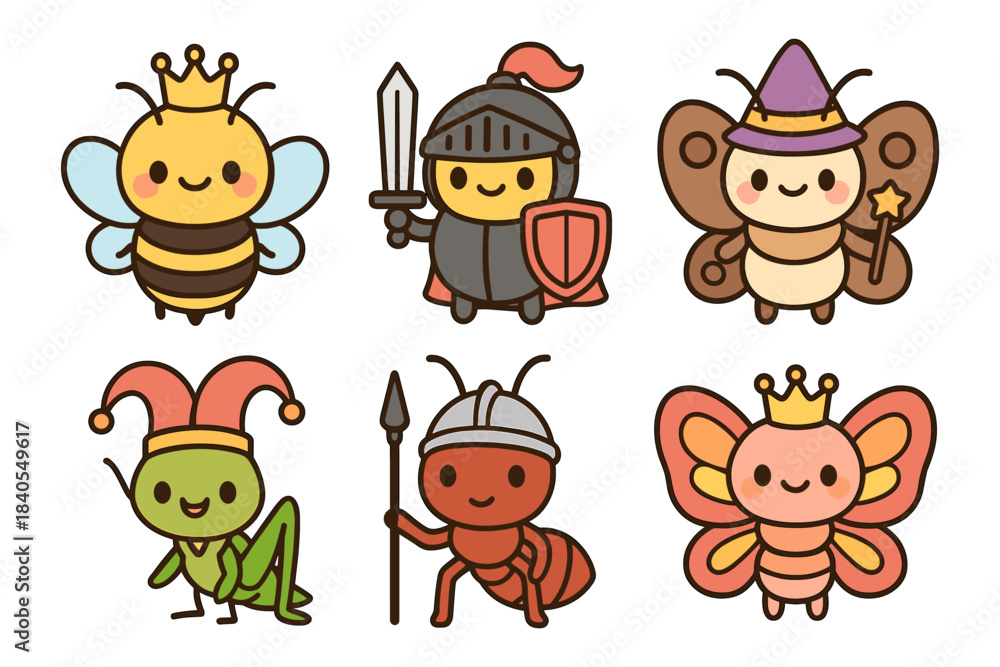Naklejka premium Cute cartoon insect characters in fantasy costumes for kids