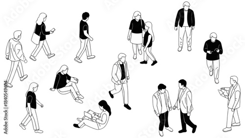 Collection of diverse people figures, an auto cad drawing for design projects.