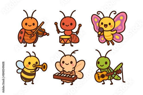 Cute cartoon insects playing musical instruments in a fun and colorful style