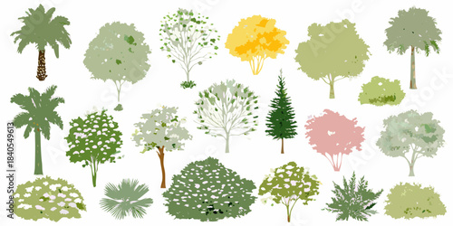 A collection of colorful stylized trees and foliage against a white background