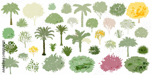 A colorful collection of various tree and plant top views isolated on white