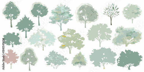 Collection of stylized trees in varying shades of green and muted tones