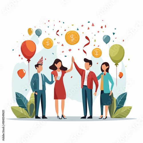 Four diverse people celebrating success with confetti, balloons, and falling gold coins, giving high-fives in a festive atmosphere.