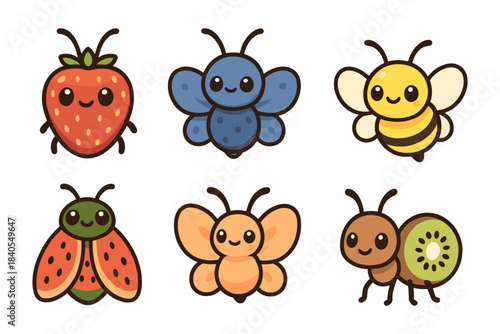 Cute kawaii insects and fruits with smiling faces in cartoon style