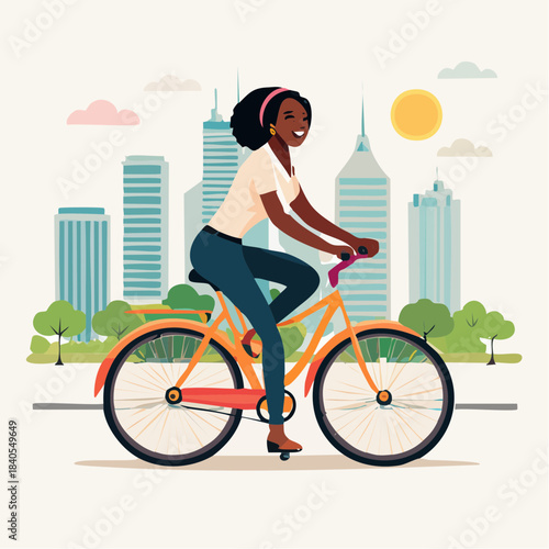A happy Black woman enjoying a bicycle ride in a vibrant city with a modern skyline.