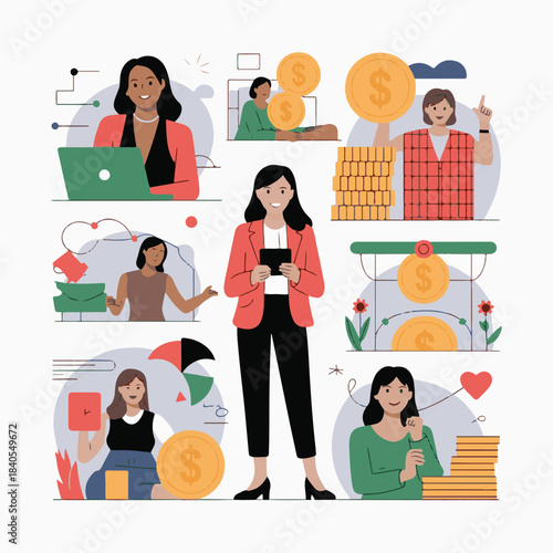 Financial Freedom and Career Success for Young Women Vector Illustration Set